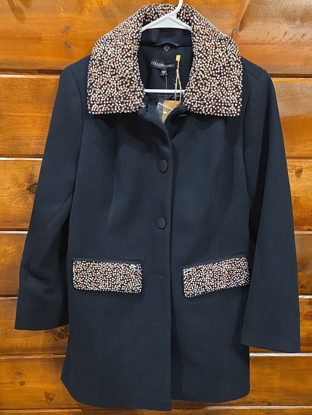 Colleen Lopez Black Coat with Beaded Collar and Pocket Trim